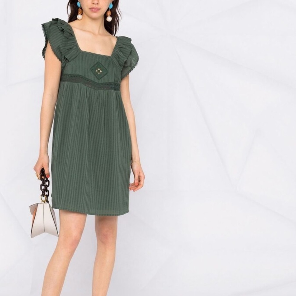 NWT BA&SH Uriel Pintucked Cotton Mini Dress in Army Green sz L